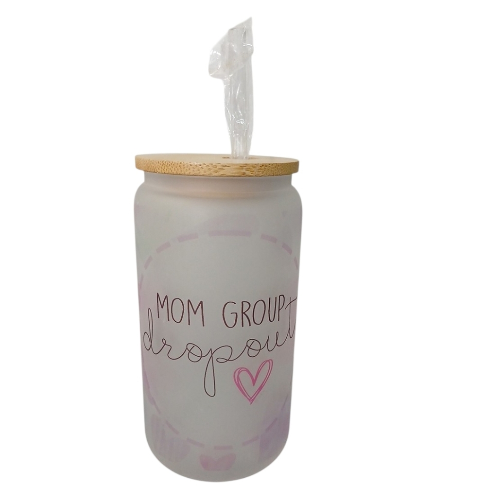 NWT Mom Group Dropout Pink Heart Glass Jar with Bamboo Lid And Straw